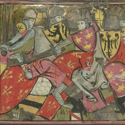 Combats des Grecs et des Troyens (Roman de Troie, Bnf Français 60, f73v)