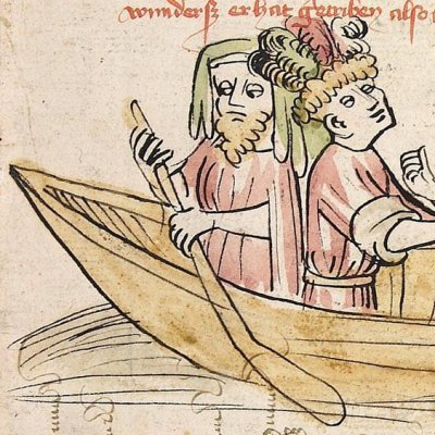 Départ des Troyens en bateau (Hendrik von Veldeke, Heidelberg, Cod. Pal. germ. 403, f4r)