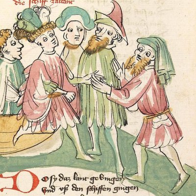 Arrivée des Troyens sur les côtes libyennes (Hendrik von Veldeke, Heidelberg, Cod. Pal. germ. 403, f8v)