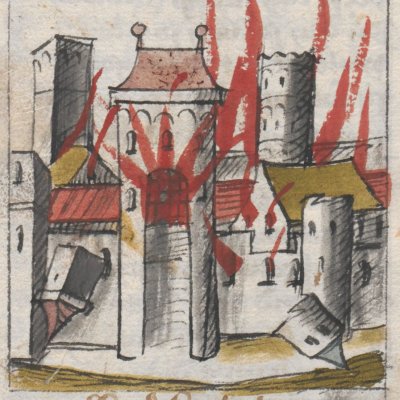 Incendie de Troie et départ des Troyens (Hendrik von Veldeke, Vienne, Cod. 2861 HAN MAG, F3v)