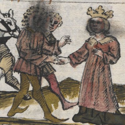 Didon accueille Énée à Carthage (Hendrik von Veldeke, Vienne, Cod. 2861 HAN MAG, F4r)