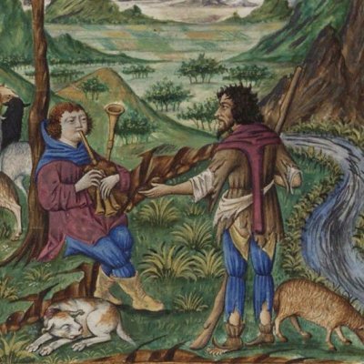 Tityre et Mélibée (Virgile, Bucoliques, 1ère églogue, Escurial RBME S-II-19, f1r)