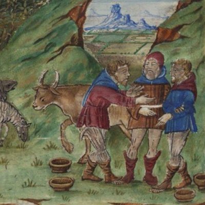 Palémon arbitre la querelle de Ménalque et de Damète (Virgile, Bucoliques, 3e églogue, Escurial RBME S-II-19, f4r)