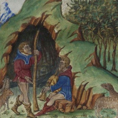 Mopsus et Ménalque (Virgile, Bucoliques, 5e églogue, Escurial RBME S-II-19, f7v)