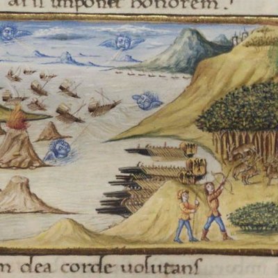 La tempête et l'arrivée sur les côtes libyennes (Virgile, Énéide, I, Escurial RBME S-II-19, f54r)