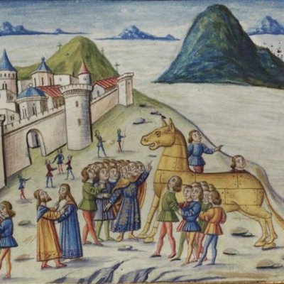 Les Troyens découvrent le cheval de Troie (Virgile, Énéide, II, Escurial RBME S-II-19, f66v)