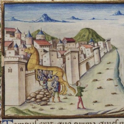 Les Grecs sortent du cheval de Troie (Virgile, Énéide, II, Escurial RBME S-II-19, f71r)