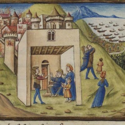 Énée quitte Troie avec Anchise et Ascagne (Virgile, Énéide, II, Escurial RBME S-II-19, f79v)