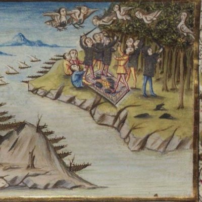 Songe d'Énée. Les harpyes (Virgile, Énéide, III, Escurial RBME S-II-19, f84r)
