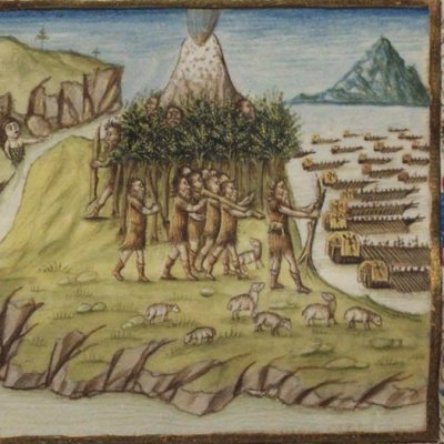 L'île des cyclopes (Virgile, Énéide, III, Escurial RBME S-II-19, f90r)