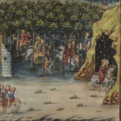 Didon et Énée partent à la chasse. L'orage (Virgile, Énéide, IV, Escurial RBME S-II-19, f95v)