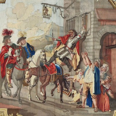 Don Quichotte attaché à une fenêtre par la malice de Maritorne (Tenture de l'Histoire de don Quichotte) - d'après Coypel