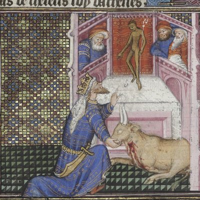 Thésée vainqueur du taureau de Marathon (Boccace, De casibus, Bnf Fr226, f7r) - Maître de Rohan