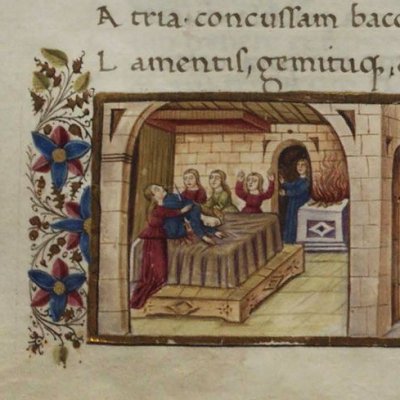 Suicide de Didon (Virgile, Énéide, IV, Escurial RBME S-II-19, f104v)
