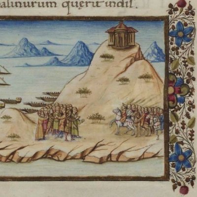 Aceste accueille les Troyens à Drépane en Sicile (Virgile, Énéide, V, Escurial RBME S-II-19, f105v)