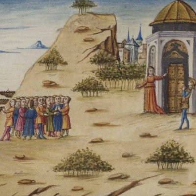 The Sibyl of Cumae welcomes the Trojans in front of Apollo's temple (Virgil, Aeneid, VI, Escurial RBME S-II-19, f122v)