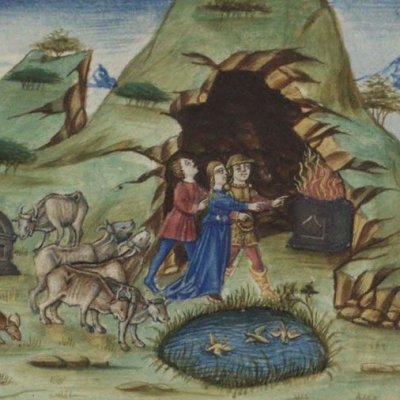 Sacrifice of Aeneas and the Sibyl at the entrance to the Avernus (Virgil, Aeneid, VI, Escurial RBME S-II-19, f127v)