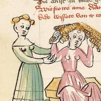 Dido, mad with love, pulls out her hair in front of Anne (Hendrik von Veldeke, Heidelberg, Cod. Pal. germ. 403, f32v)