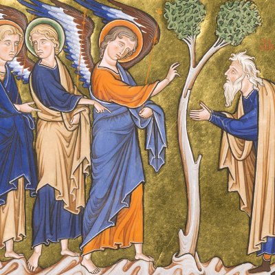 Abraham et les trois anges aux chênes de Mambré (Psautier d'Ingeburge, f10v)