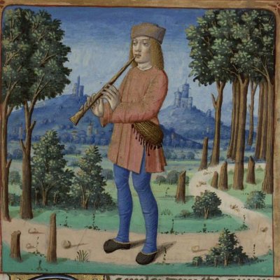 Corydon joue de la flûte pour Alexis (Virgilii opera, Dijon Ms 493, 2e églogue)