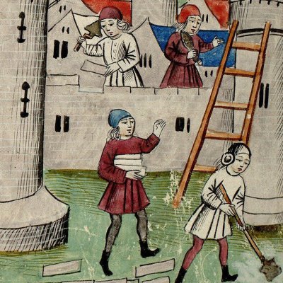 Priam reconstruit Troie à la mort de Laomédon (La Fleur des histoires, Mazarine ms 1559, f114v)