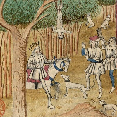 Polybos trouve Œdipe attaché à un arbre (La Fleur des histoires, Mazarine ms 1559, f106v)