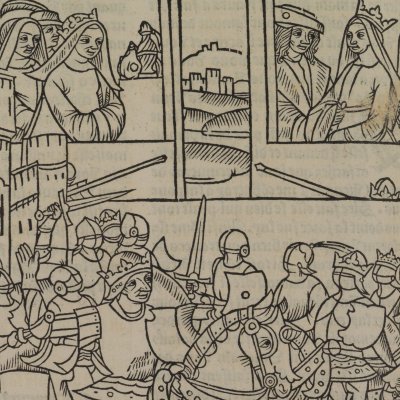 Tristan au tournoi de la Roche Dure ? (Tristan, chevalier de la table ronde, éd. Vérard, 2e p., f.21v)