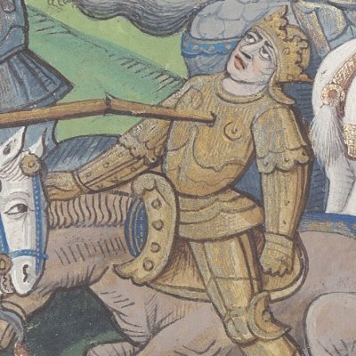 Combat de Claudas contre Ban de Bénohic (Lancelot du Lac, éd. Vérard, 1494, f.1r)