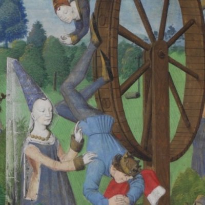 Prologue : Fortune et sa roue (Boccace, De casibus virorum illustrium, 1467, Hunter371, f.1r)