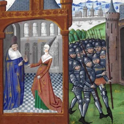 Boccace et Fortune. L'armée de Saturne (Boccace, De casibus virorum illustrium, 1467, Hunter372, f.1r)