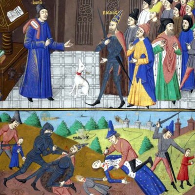 Boccace d'adresse à Manutius. Phocinus tue Manutius (Boccace, De casibus virorum illustrium, 1467, Hunter372, f.104v)