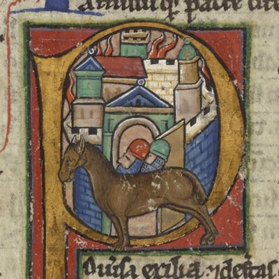 Le cheval de Troie, P historié du livre 3 de l'Énéide (Virgile, Bnf Latin 7936, f28v)