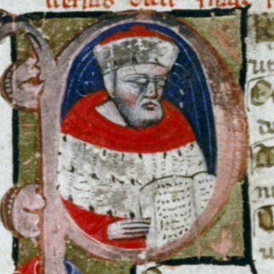 P historié avec un magistrat présentant le manuscrit (Énéide, Bodléienne, MS. Canon. Class. Lat. 52, f1r)