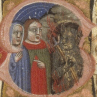 Énée et la sibylle face à la Chimère, S historié du livre 6 (Énéide, Bodléienne, MS. Canon. Class. Lat. 52, f54r)