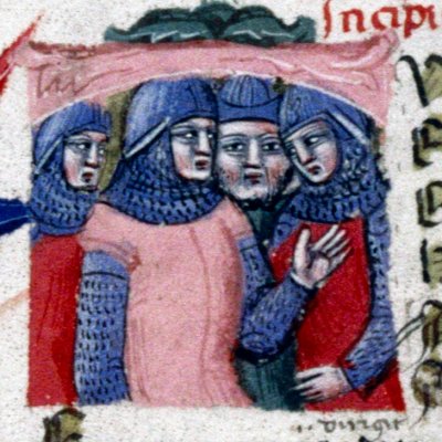 Préparatifs de la guerre chez les Italiens, T historié du livre 7 (Énéide, Bodléienne, MS. Canon. Class. Lat. 52, f66v)