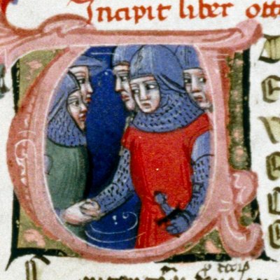 Pallas accueille Énée à Pallantée, U historié du livre 8 (Énéide, Bodléienne, MS. Canon. Class. Lat. 52, f78r)