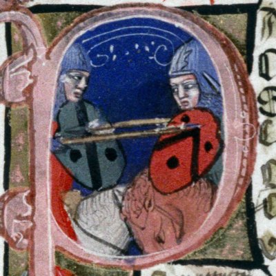 Combat d'Énée et de Mézence, P historié du livre 10 (Énéide, Bodléienne, MS. Canon. Class. Lat. 52, f100r)