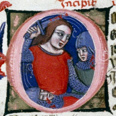 Énée rend à Mézence le corps de son fils Lausus, C historié du livre 11 (Énéide, Bodléienne, MS. Canon. Class. Lat. 52, f112v)