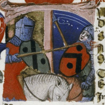 Énée plante sa lance dans le cou de Turnus, T historié du livre 12 (Énéide, Bodléienne, MS. Canon. Class. Lat. 52, f125v)