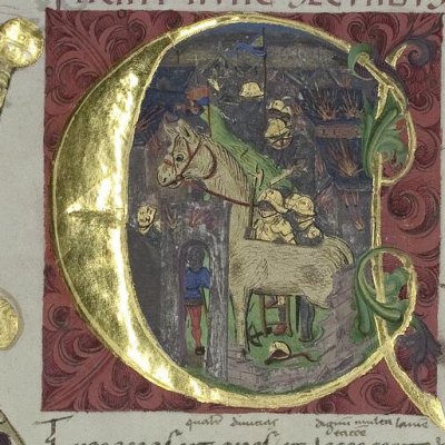 Les Grecs sortent du cheval de Troie (Virgilii opera, Vatican, Pal.lat.1632, Énéide 2, f79r)