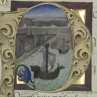 Pérégrinations des Troyens en mer Égée (Virgilii opera, Vatican, Pal.lat.1632, Énéide 3, f94v)
