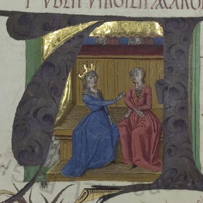 Didon confie sa passion à Anna (Virgilii opera, Vatican, Pal.lat.1632, Énéide 4, f106v)