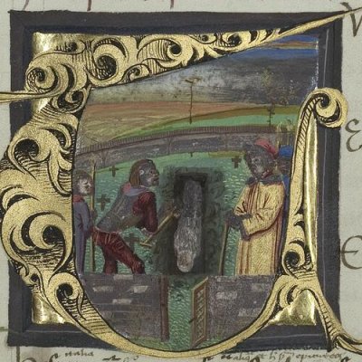 Les funérailles de Caiète (Virgilii opera, Vatican, Pal.lat.1632, Énéide 7, f157v)