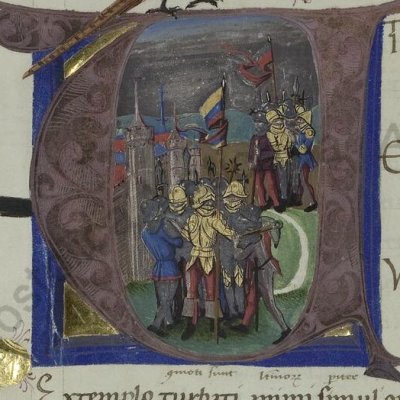 Énée et Pallas quittent Pallantée pour rejoindre les Étrusques (Virgilii opera, Vatican, Pal.lat.1632, Énéide 8, f174r)