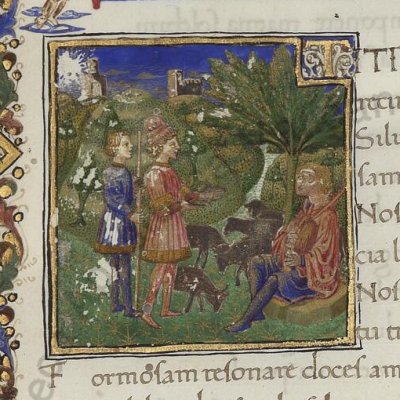 Palémon juge de Ménalque et de Damète (Vergilii opera, Vatican, Reg.Lat.1988, Bucoliques, f1r) 