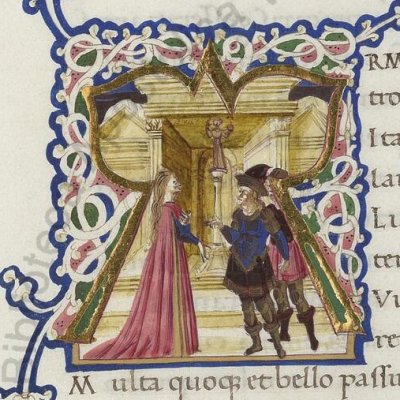 Didon accueille Énée et Achate (Vergilii opera, Vatican, Reg.Lat.1988, Énéide 1, f57r)