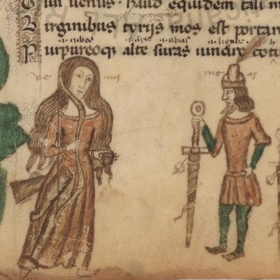Vénus apparaît à Énée et à Achate sur le chemin de Carthage (Énéide, Vatican, Vat.Lat.2761, f5v)