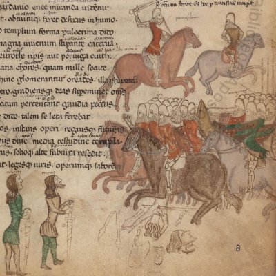 Énée et Achate devant le temple de Junon à Carthage (Énéide, Vatican, Vat.Lat.2761, f8r)