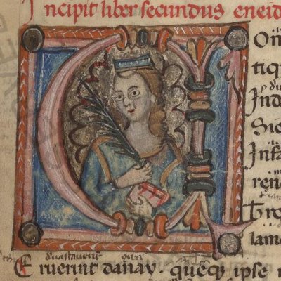 Didon tenant une plume et un livre ? (Énéide, Vatican, Vat.Lat.2761, f12r)