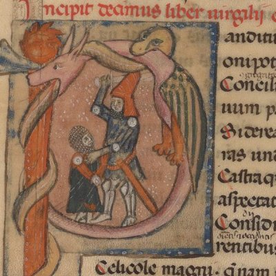 P historié du livre 10. Turnus tue Pallas (Énéide, Vatican, Vat.Lat.2761, f107v)